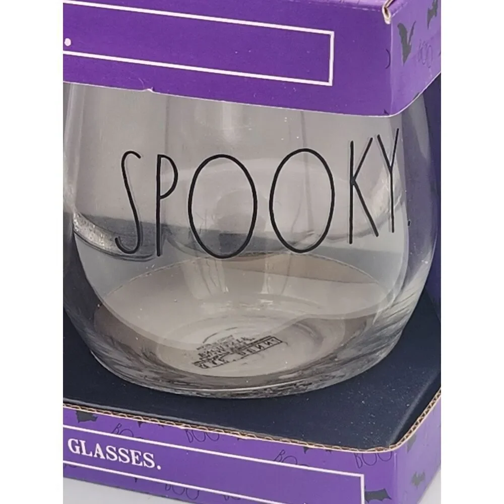 RAE DUNN Halloween Clear Stemless Wine Glasses WICKED and SPOOKY
